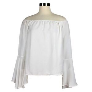 Top Off Shoulder Long Bell Sleeve Elastic Neckline Front is Lined White Size Med